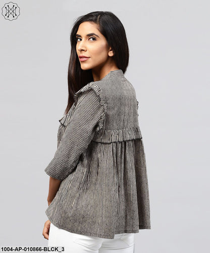 Black Striped 3/4Th Sleeve Cotton Tops
