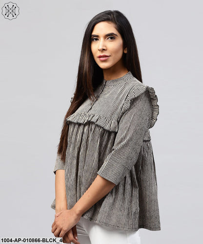 Black Striped 3/4Th Sleeve Cotton Tops