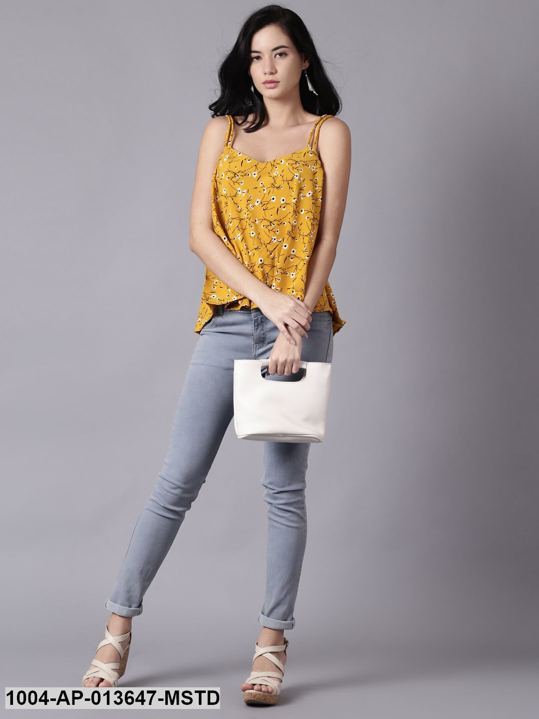 Mustard yellow Casual Printed Shoulder Straps Top
