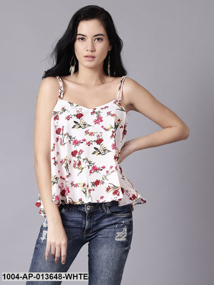 White Casual Printed Shoulder Straps Top