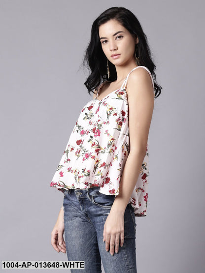White Casual Printed Shoulder Straps Top