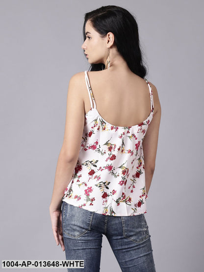 White Casual Printed Shoulder Straps Top