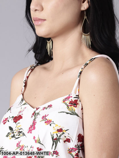 White Casual Printed Shoulder Straps Top