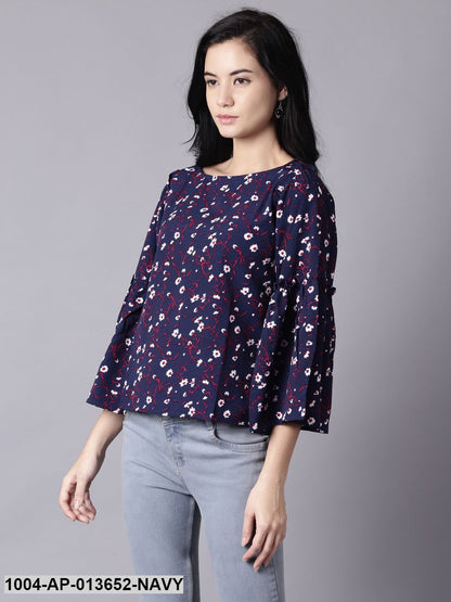 Navy Blue Casual Printed Boat Neck Top