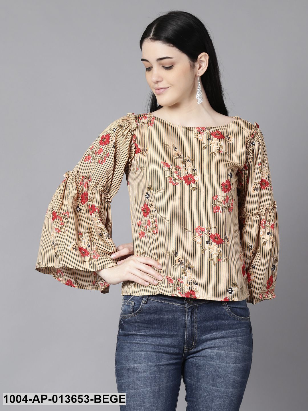 Beige Casual Printed Boat Neck Top