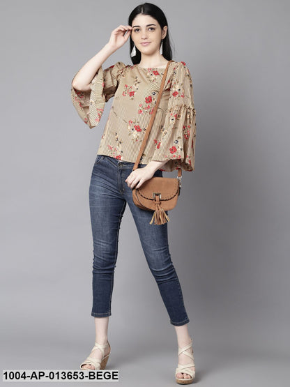 Beige Casual Printed Boat Neck Top