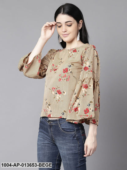 Beige Casual Printed Boat Neck Top