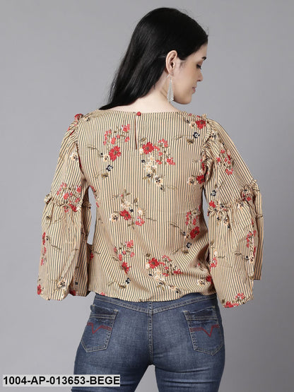 Beige Casual Printed Boat Neck Top