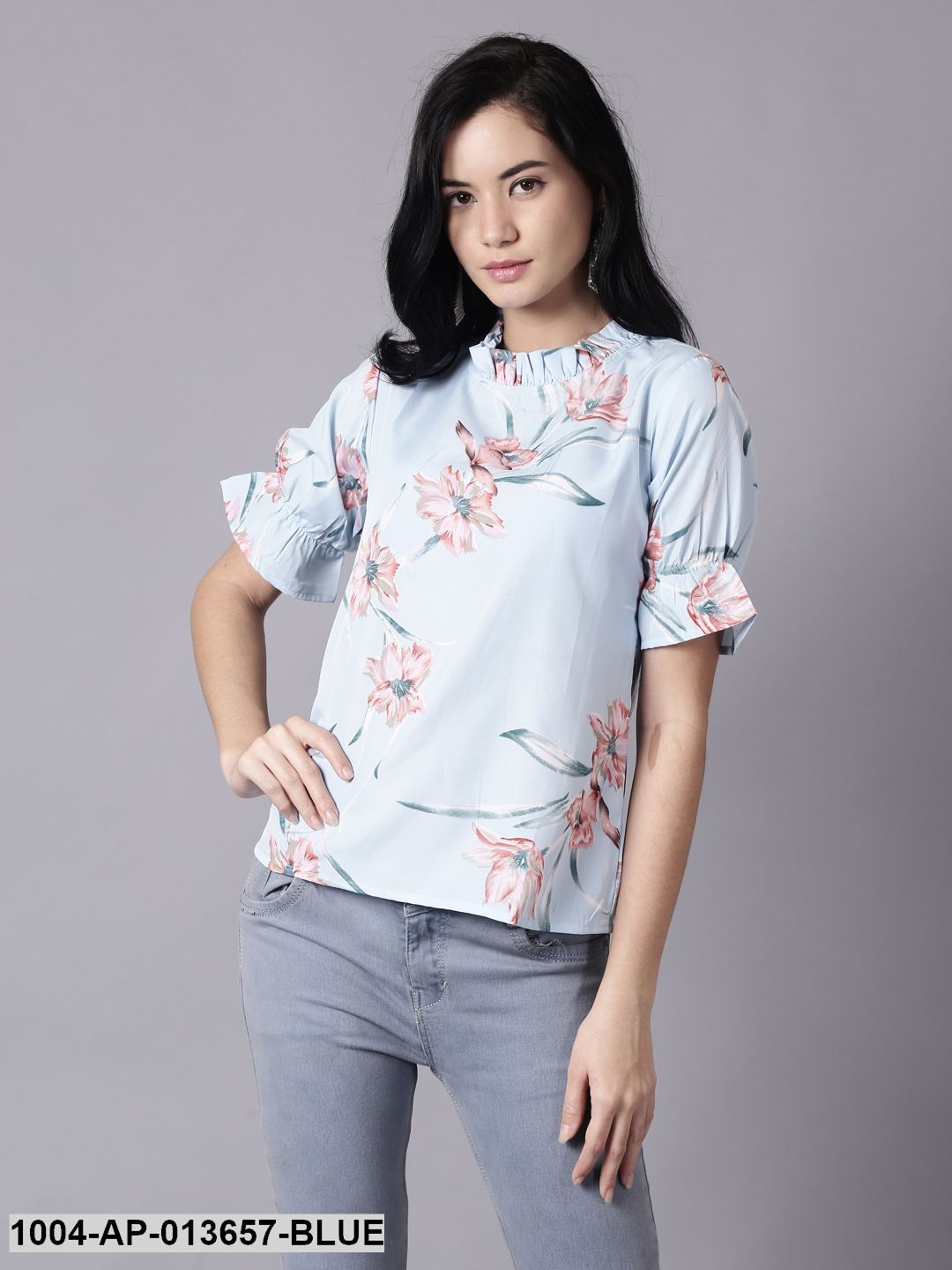 Powder Blue Casual Printed High Neck Top