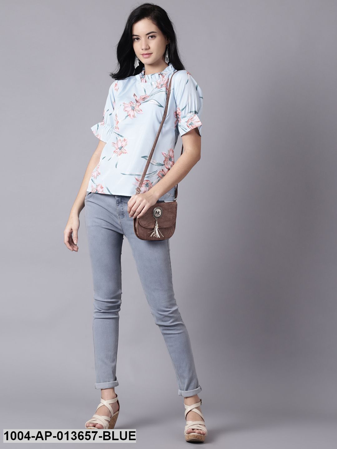 Powder Blue Casual Printed High Neck Top