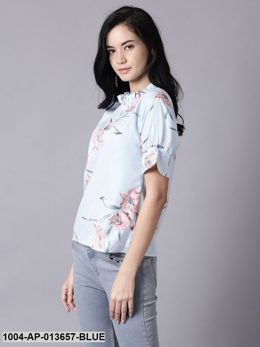 Powder Blue Casual Printed High Neck Top