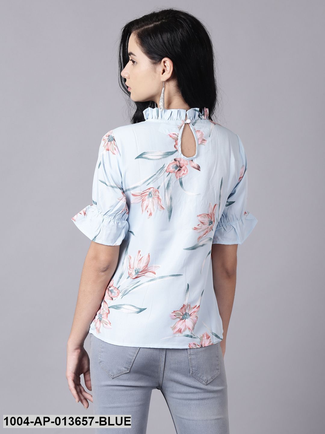 Powder Blue Casual Printed High Neck Top