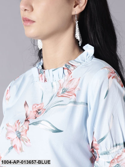 Powder Blue Casual Printed High Neck Top