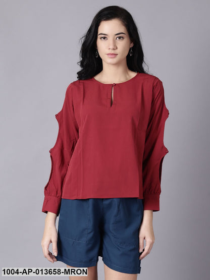 maroon Casual Solid Keyhole Neck Top