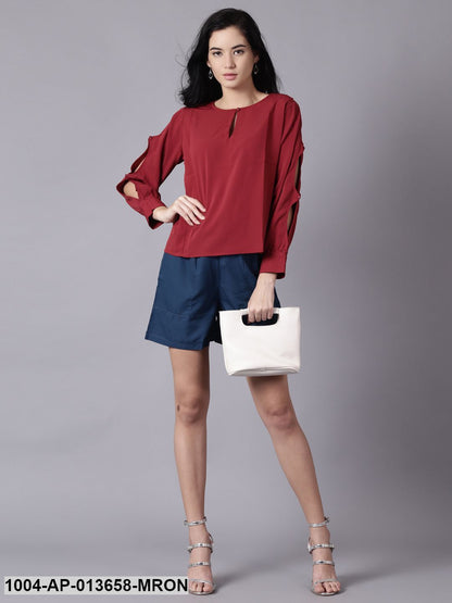 maroon Casual Solid Keyhole Neck Top