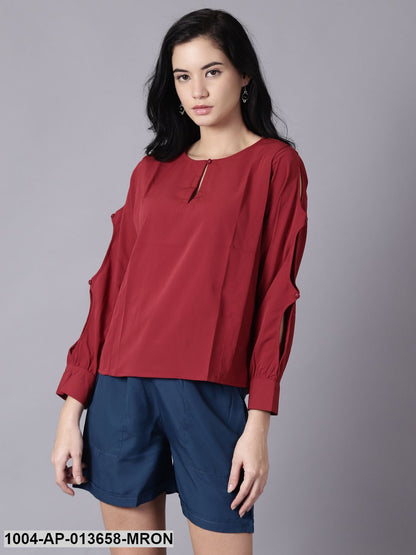 maroon Casual Solid Keyhole Neck Top