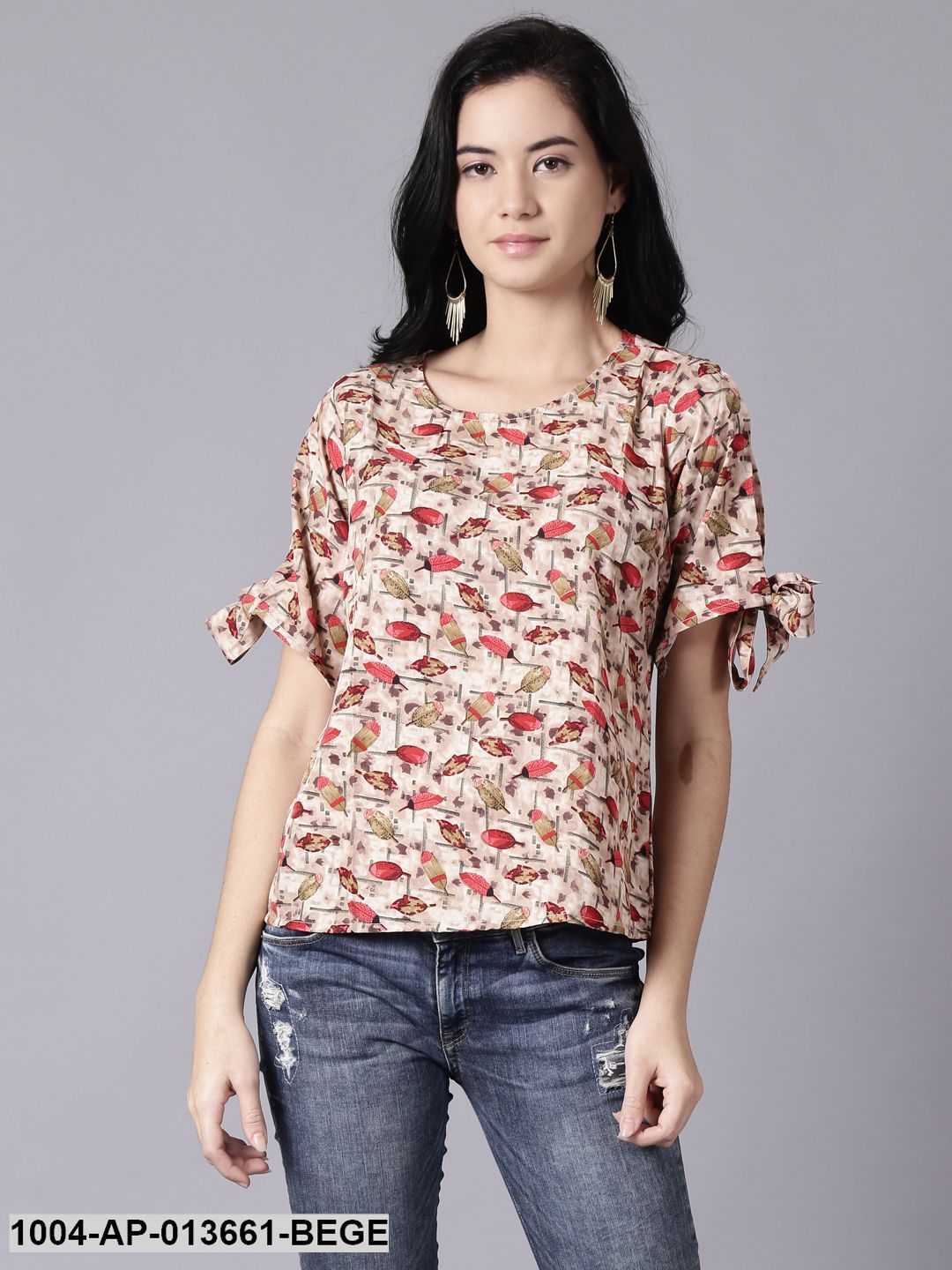 Beige Casual Printed Round Neck Top