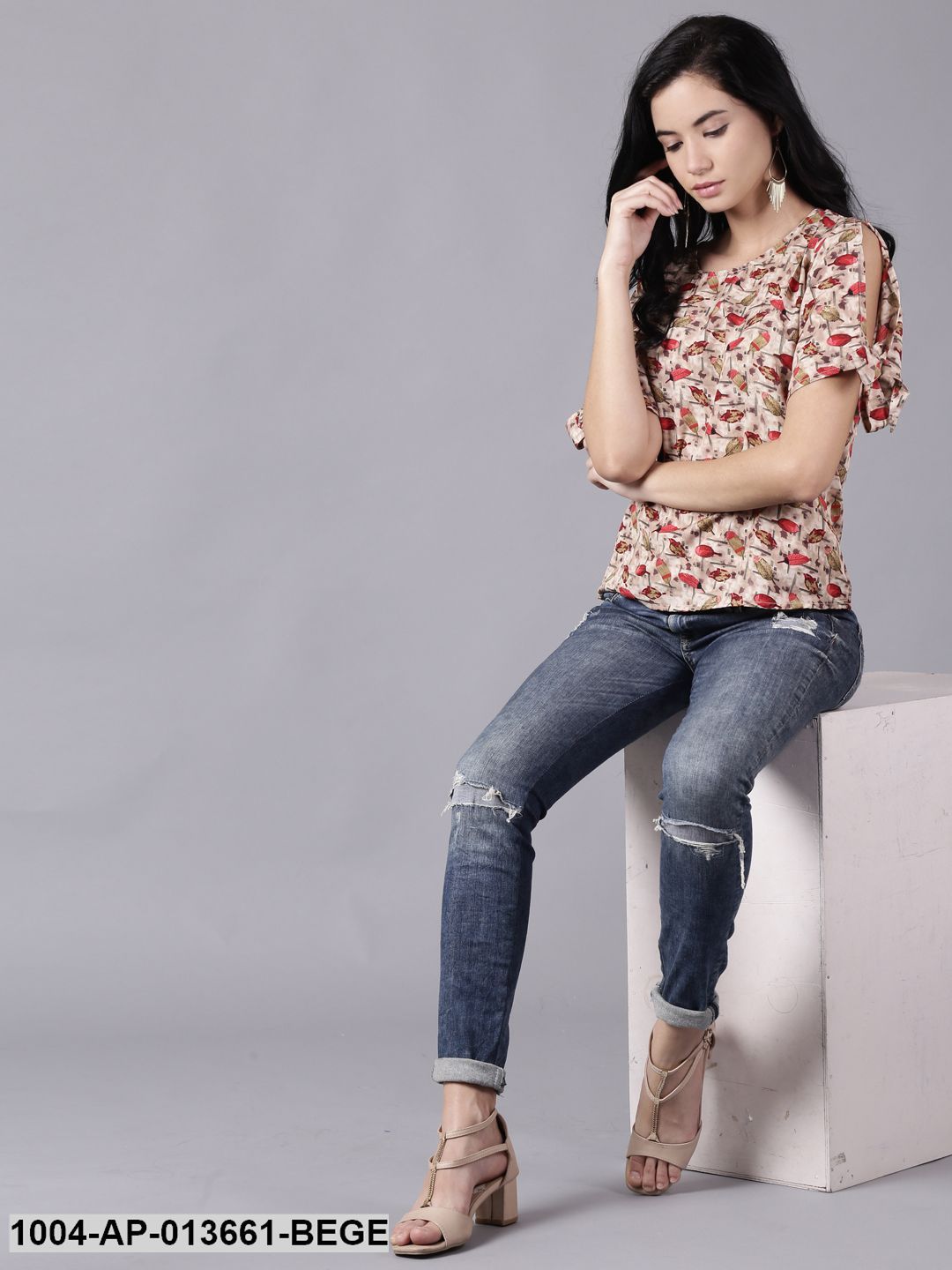 Beige Casual Printed Round Neck Top