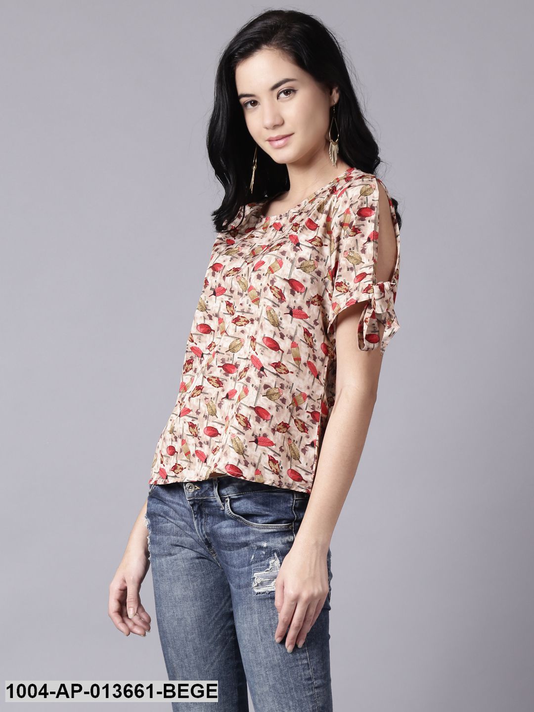 Beige Casual Printed Round Neck Top