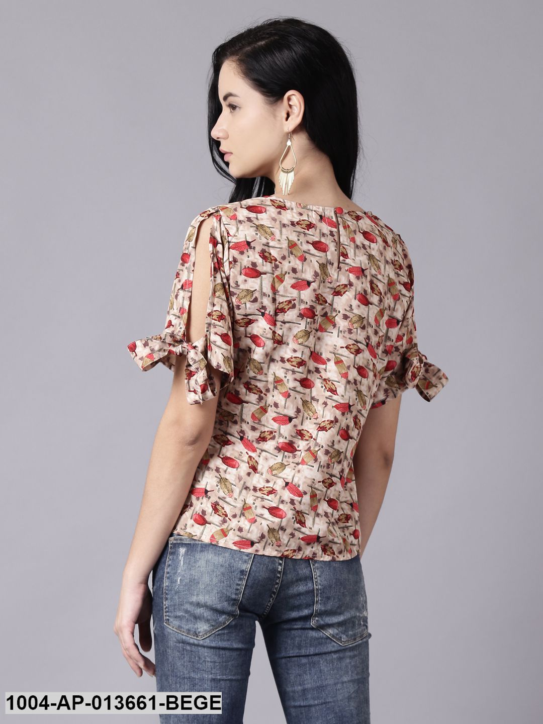 Beige Casual Printed Round Neck Top