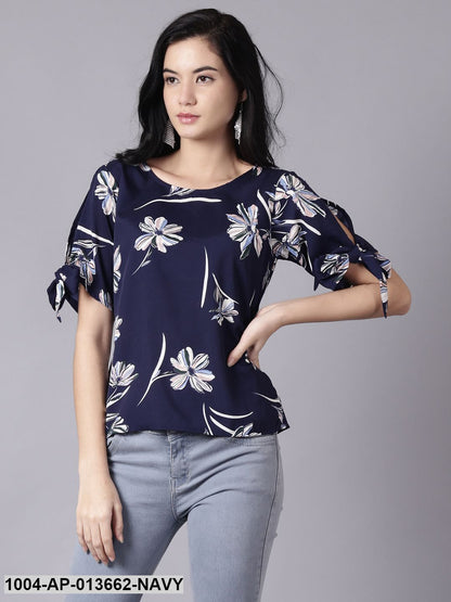 Navy Blue Casual Printed Round Neck Top