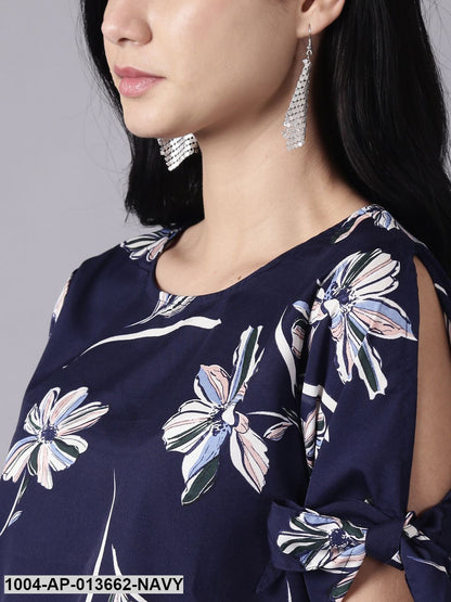 Navy Blue Casual Printed Round Neck Top
