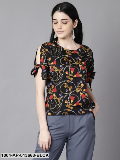 Black Casual Printed Round Neck Top