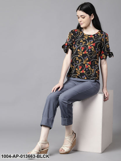 Black Casual Printed Round Neck Top