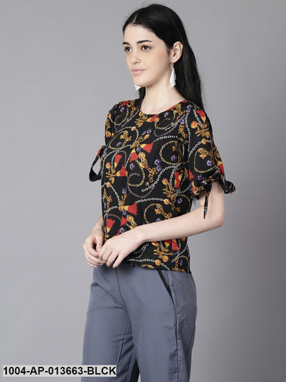 Black Casual Printed Round Neck Top
