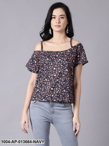 Navy Blue Casual Printed Shoulder Straps Top