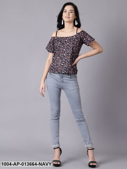Navy Blue Casual Printed Shoulder Straps Top