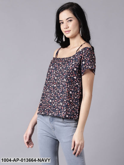 Navy Blue Casual Printed Shoulder Straps Top