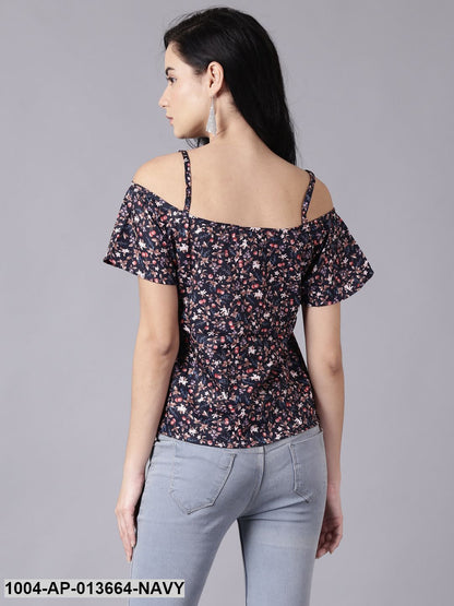 Navy Blue Casual Printed Shoulder Straps Top