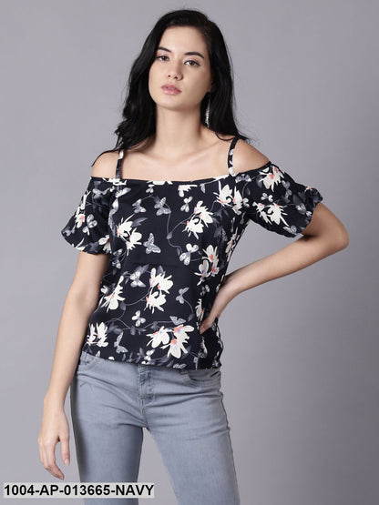 Navy Blue Casual Printed Shoulder Straps Top