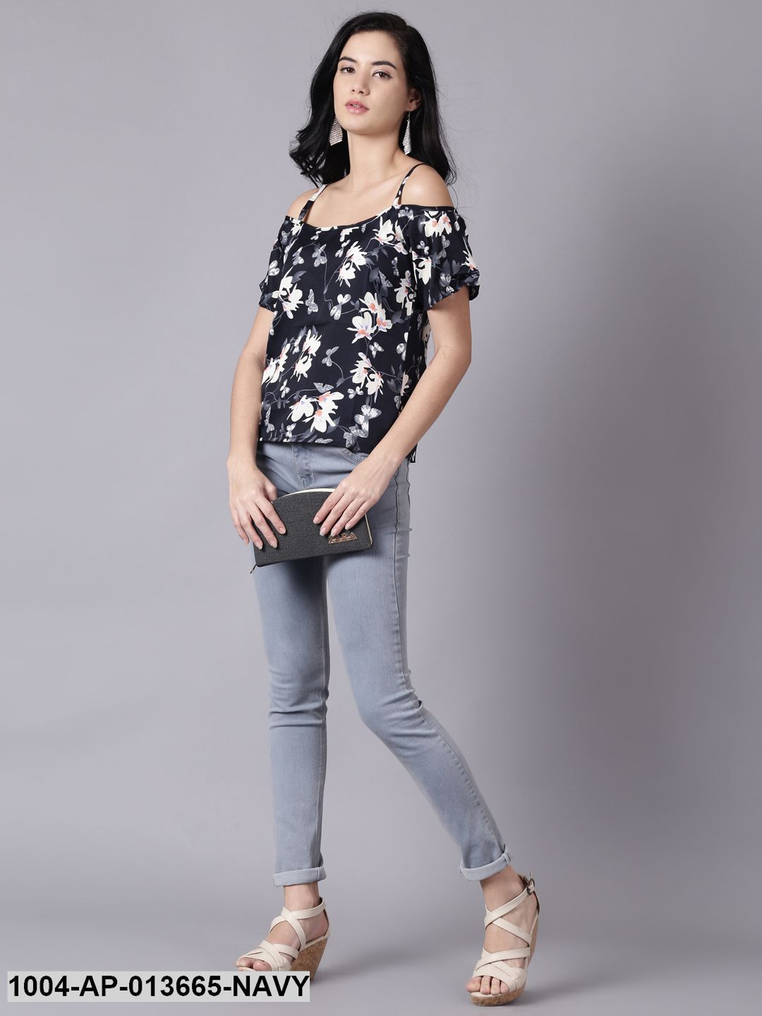 Navy Blue Casual Printed Shoulder Straps Top