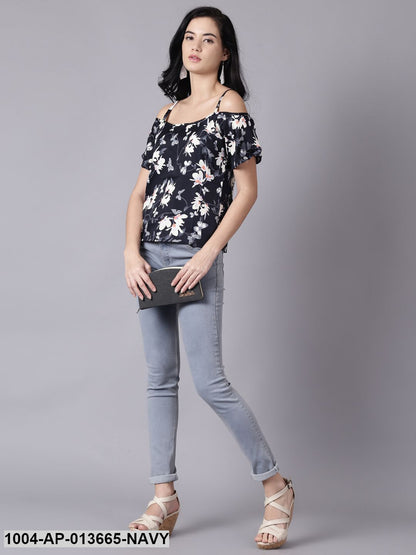 Navy Blue Casual Printed Shoulder Straps Top