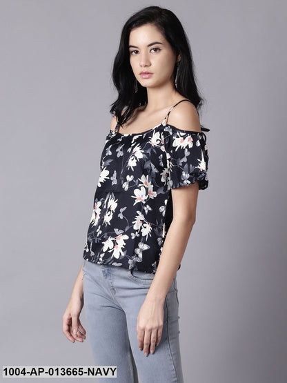 Navy Blue Casual Printed Shoulder Straps Top