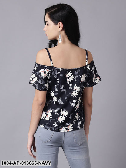 Navy Blue Casual Printed Shoulder Straps Top