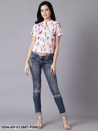 Baby Pink Casual Printed Mandarin Collar Top