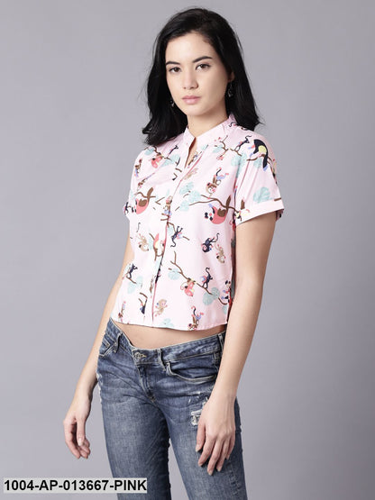Baby Pink Casual Printed Mandarin Collar Top