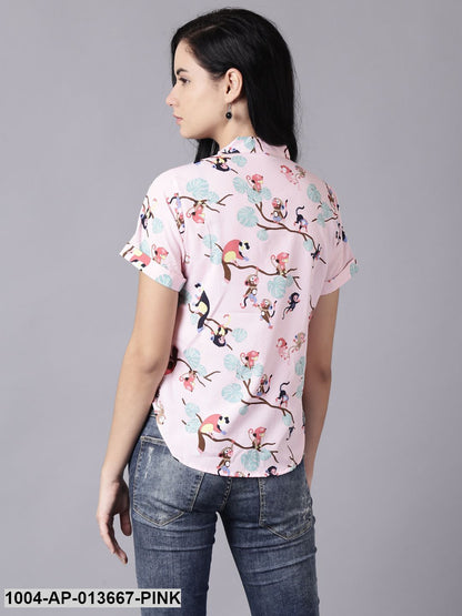 Baby Pink Casual Printed Mandarin Collar Top