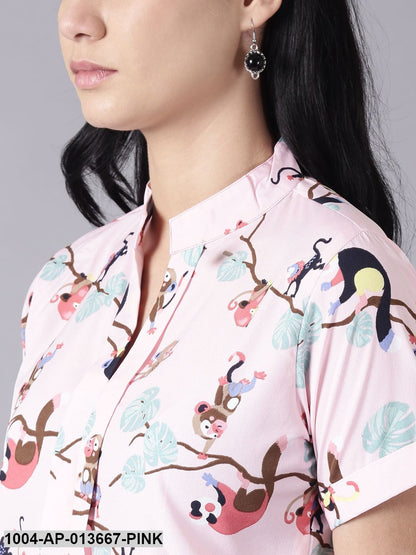 Baby Pink Casual Printed Mandarin Collar Top