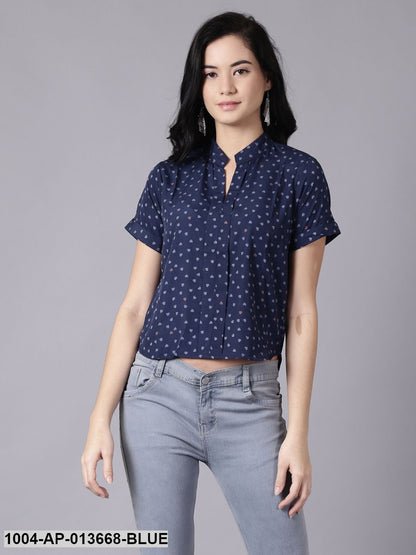 Ink Blue Casual Printed Mandarin Collar Top
