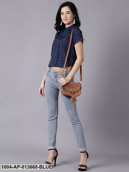 Ink Blue Casual Printed Mandarin Collar Top