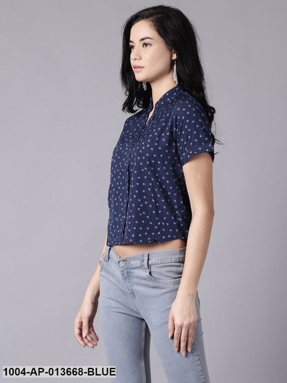 Ink Blue Casual Printed Mandarin Collar Top