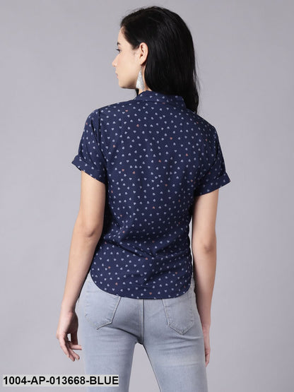 Ink Blue Casual Printed Mandarin Collar Top