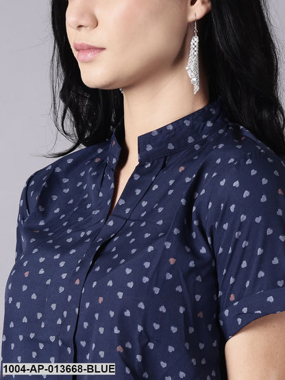 Ink Blue Casual Printed Mandarin Collar Top