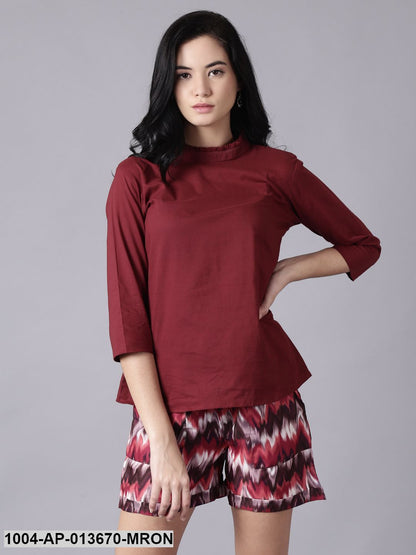 maroon Casual Printed High Neck Top