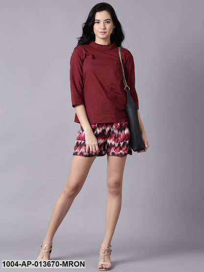 maroon Casual Printed High Neck Top