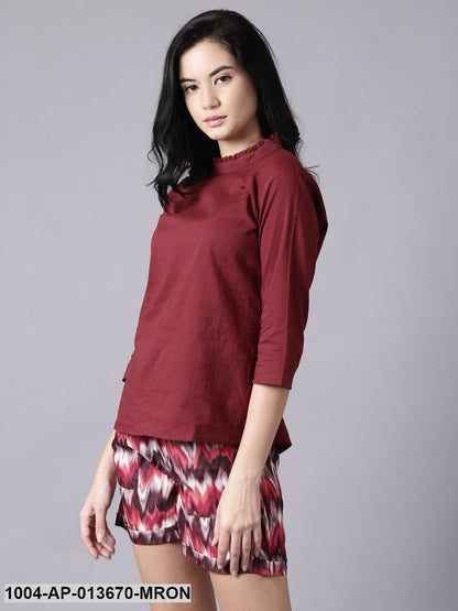 maroon Casual Printed High Neck Top
